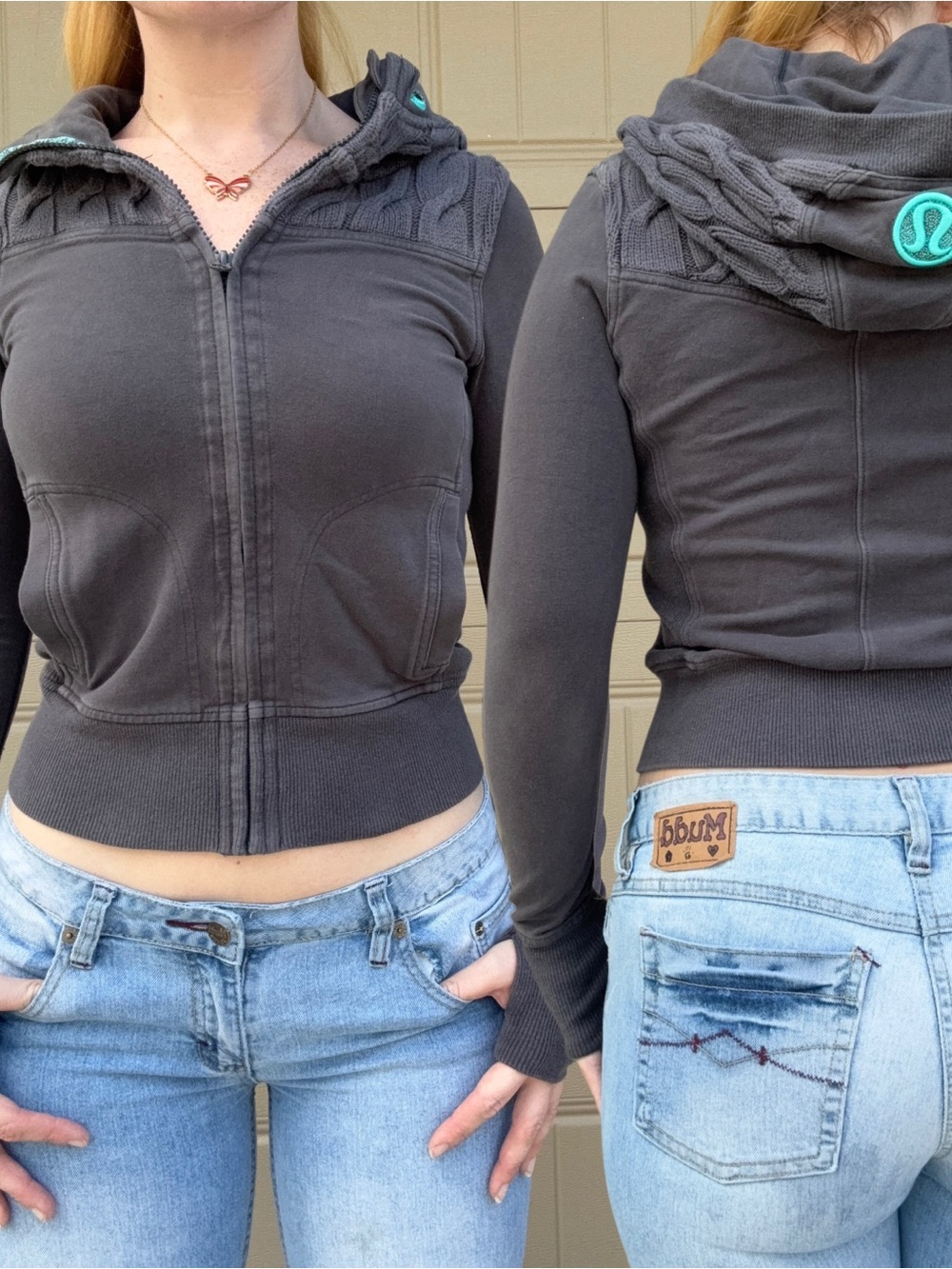 vtg Lululemon Dark Charcoal Zip Scuba Braided Hood Detail